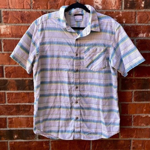 Columbia Mens Medium White Blue Stripe Collar Button Down Short Sleeve Shirt - Picture 8 of 8